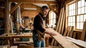 In einer finnischen Werkstatt prüft ein Tischler sorgfältig das Holz auf Qualität und Verarbeitung.