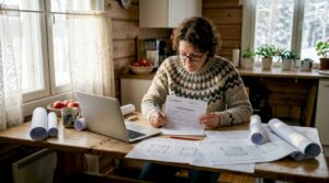 Homeowner reviews sauna plans and permit forms