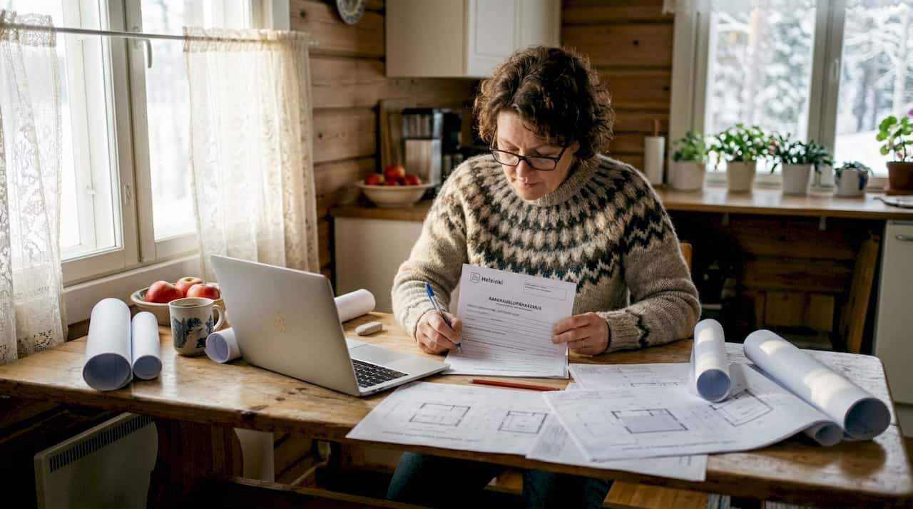 Homeowner reviews sauna plans and permit forms