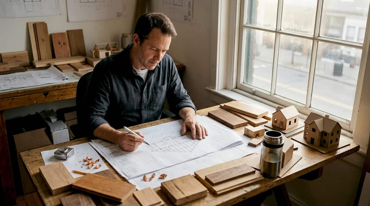 En arkitekt går nøye gjennom tegningene til et nytt trehus ved arbeidsbordet sitt.