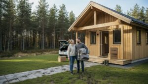 Ett par anländer till sitt nya, inflyttningsklara trähus