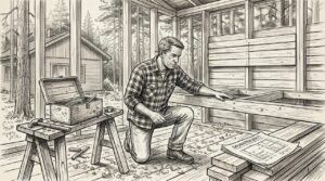 Rakentaja tarkistaa saunan kattoparrujen kuntoa.