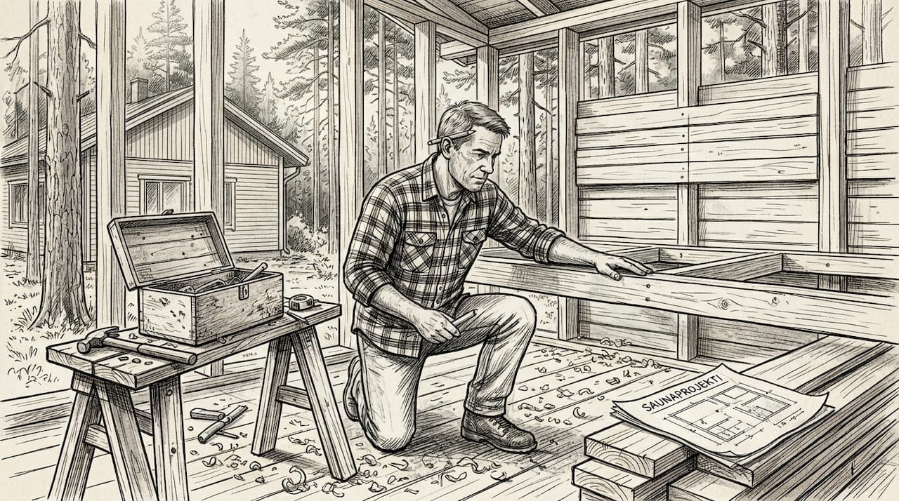 Rakentaja tarkistaa saunan kattoparrujen kuntoa.