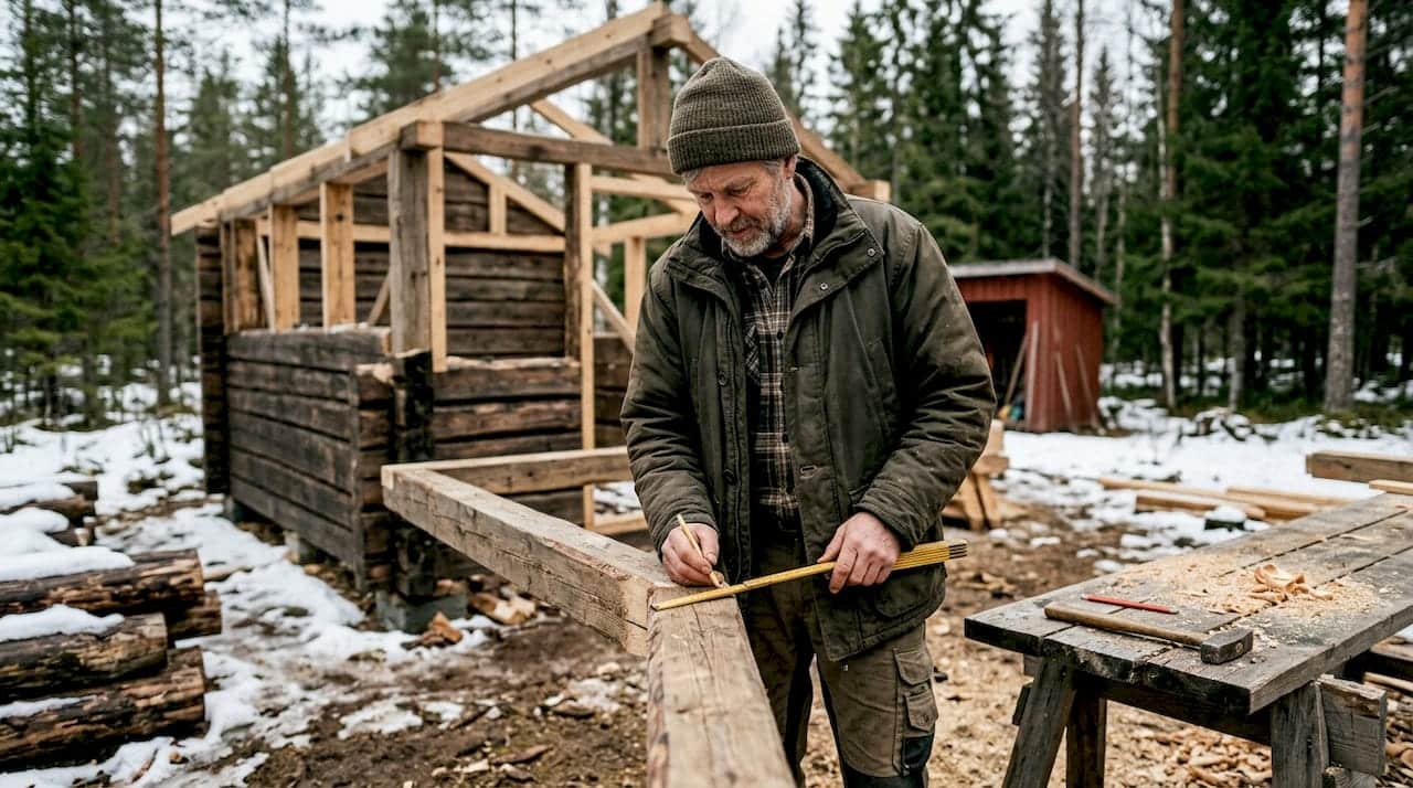 Snekkeren tar nøyaktige mål av reisverket under oppføring av hytta.