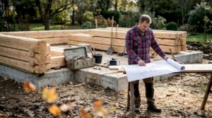 Ein Bauleiter begutachtet die Baupläne direkt auf der Blockhaus-Baustelle.
