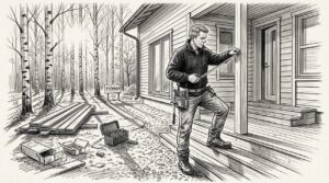 Rakennustyöntekijä mittaamassa palkkia puutalon työmaalla.