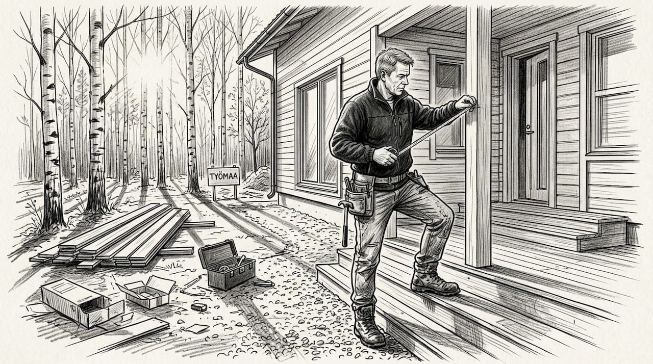 Rakennustyöntekijä mittaamassa palkkia puutalon työmaalla.