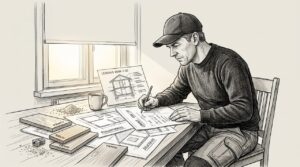 Rakennusmies perehtyy keittiön pöydälle levitettyihin rakennuspiirustuksiin.