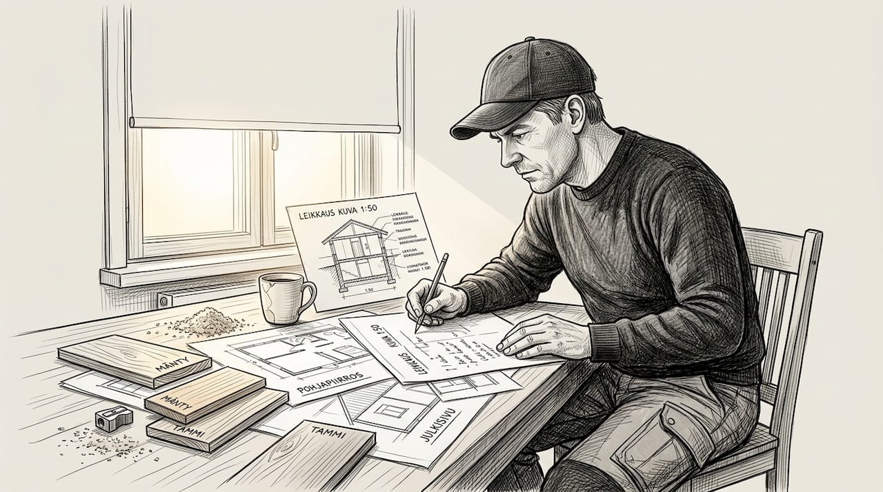 Rakennusmies perehtyy keittiön pöydälle levitettyihin rakennuspiirustuksiin.