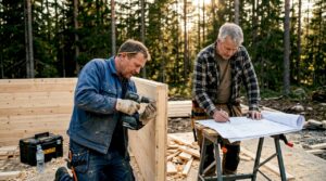 Snekkere setter sammen ferdige hyttevegger ute på byggeplassen.
