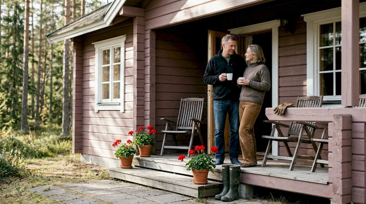 Ein Paar genießt entspannte Stunden auf der Holzveranda eines Blockhauses im Urlaub.