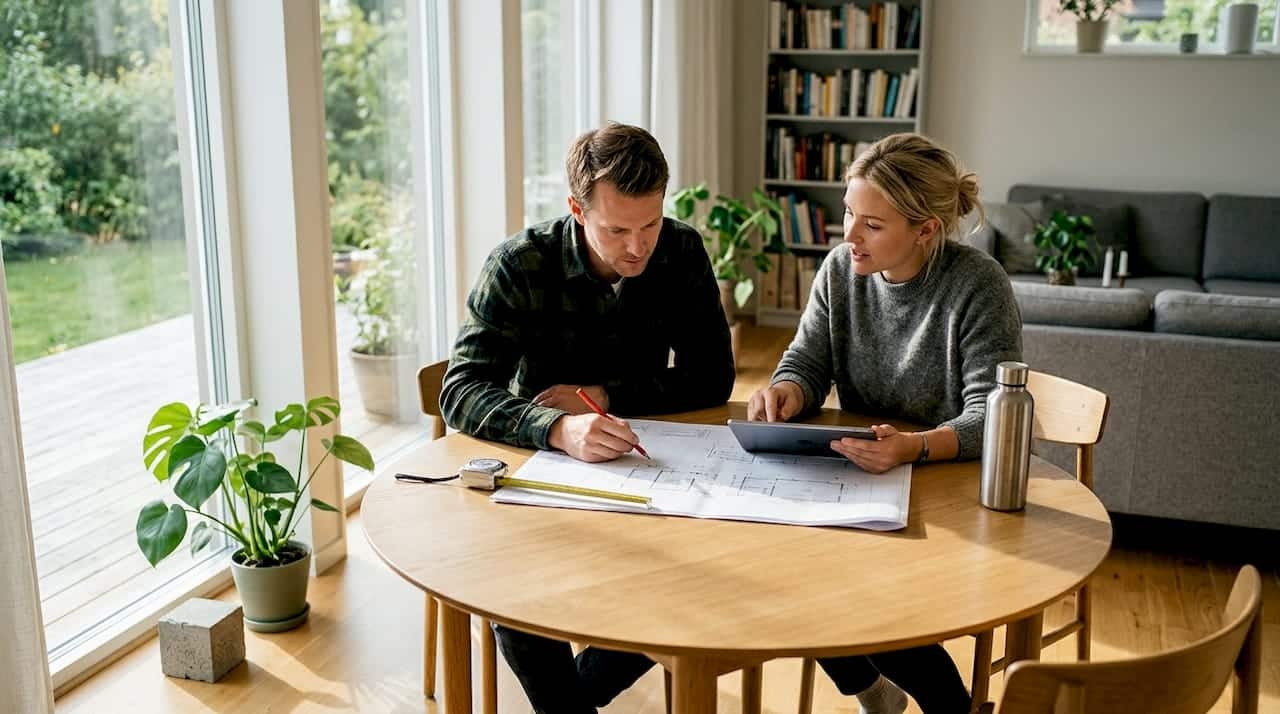 Ett par sitter i vardagsrummet och går igenom ritningarna för ett hållbart husbygge.