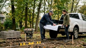 Homeowner and builder reviewing sauna site plans outdoors