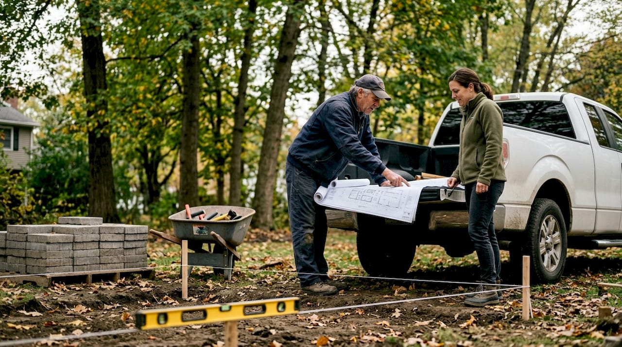 Homeowner and builder reviewing sauna site plans outdoors