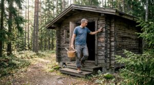 Person checking log sauna exterior in forest
