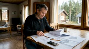 En mann sitter ved spisebordet og går nøye gjennom søknaden om å bygge hytte.