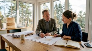 Der Architekt und die Projektleiterin stimmen sich zu den Holzbauplänen ab.