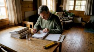 Man sitter samlade runt ekbordet i stugan och går igenom byggnormerna tillsammans.