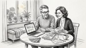 Pariskunta vertailee eri hirsitalotoimittajia löytääkseen itselleen parhaan vaihtoehdon.