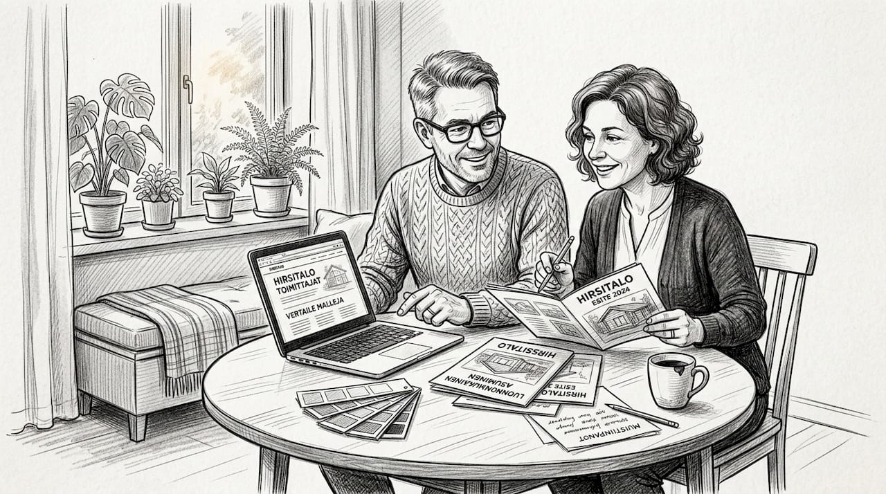 Pariskunta vertailee eri hirsitalotoimittajia löytääkseen itselleen parhaan vaihtoehdon.