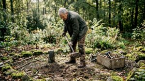 Ein Handwerker hebt eine Grube für den Bau einer frühen Sauna aus.
