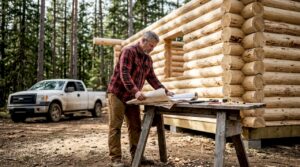 Finnish log house construction with builder outdoors