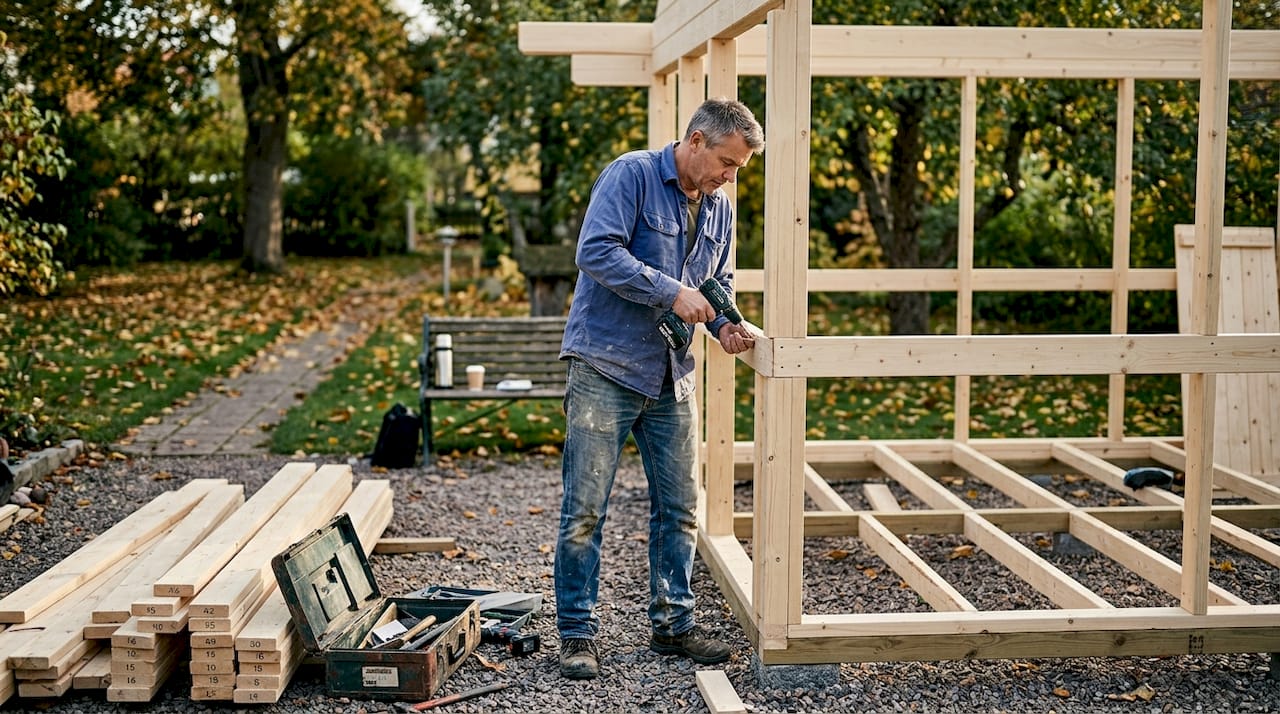 Man bygger ihop träkonstruktionen utomhus