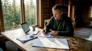 En mann sitter ved et trebord og fyller ut byggesøknaden.