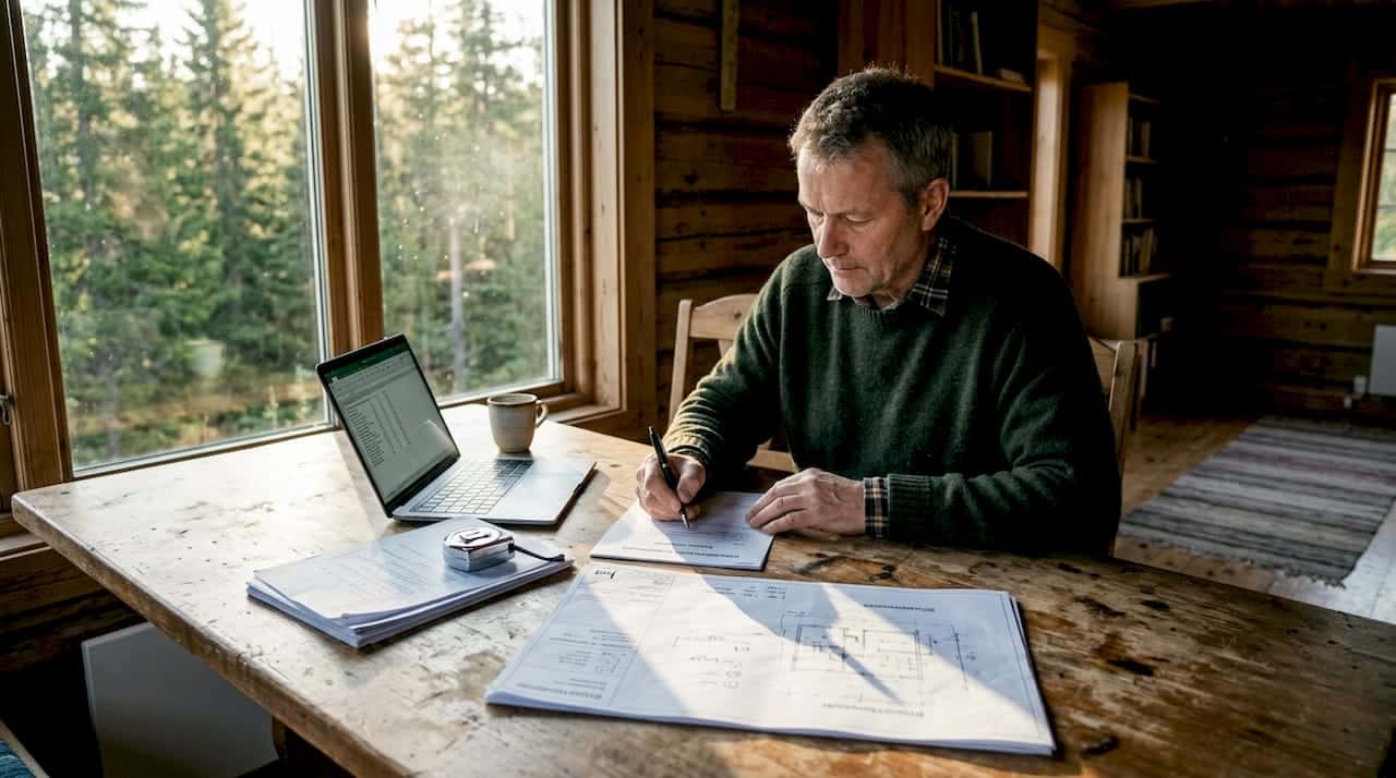 En mann sitter ved et trebord og fyller ut byggesøknaden.