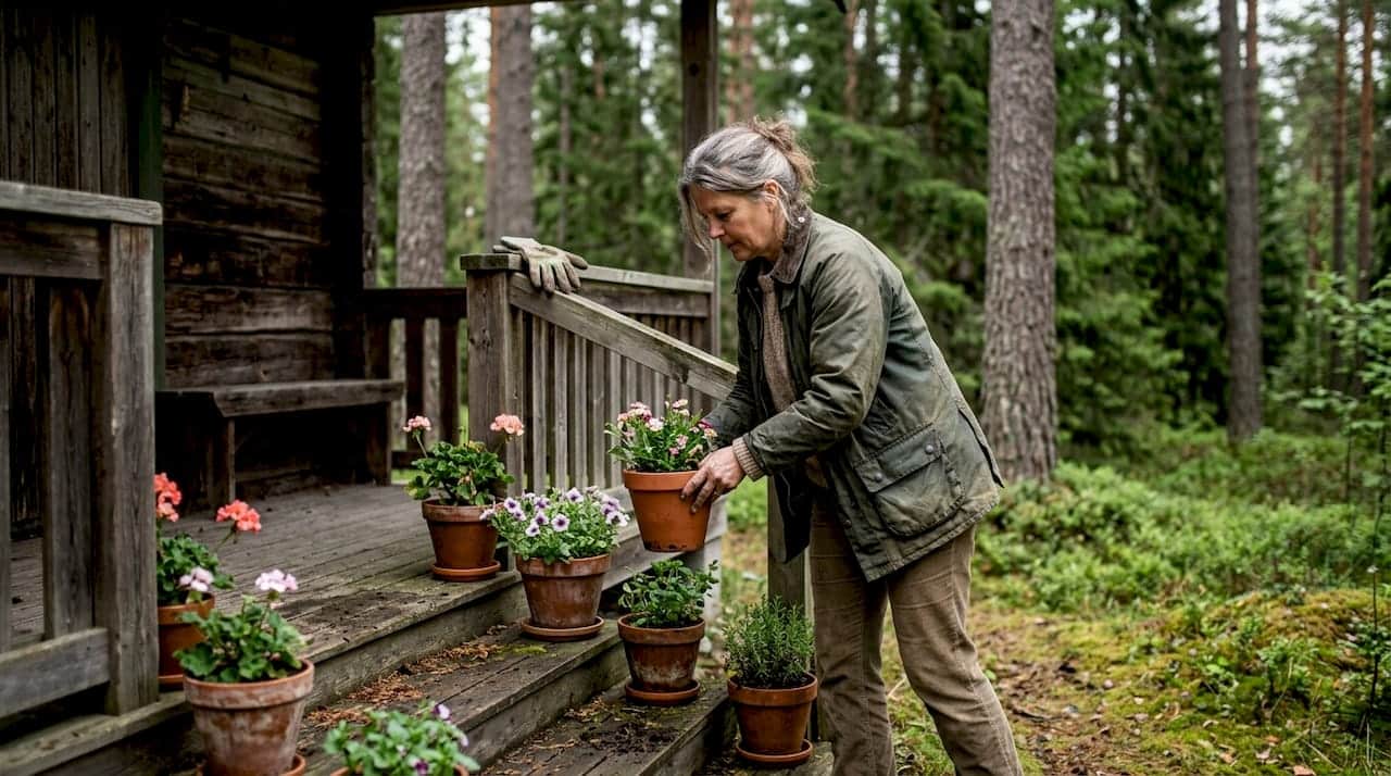 En kvinna står vid sin lilla trästuga ute i skogen och arrangerar blommor.