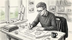 Arkkitehti hahmottelee yksilöllisen hirsisaunan suunnitelmaa luonnoslehtiölle.