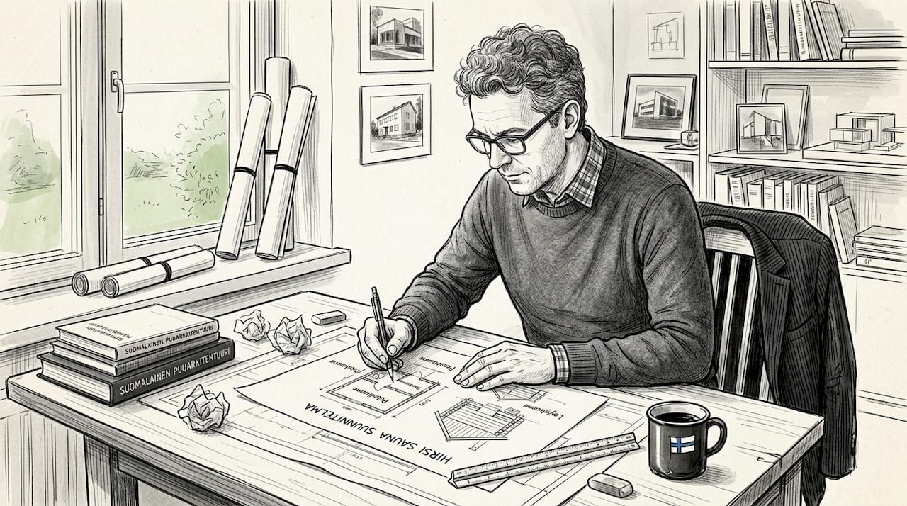 Arkkitehti hahmottelee yksilöllisen hirsisaunan suunnitelmaa luonnoslehtiölle.