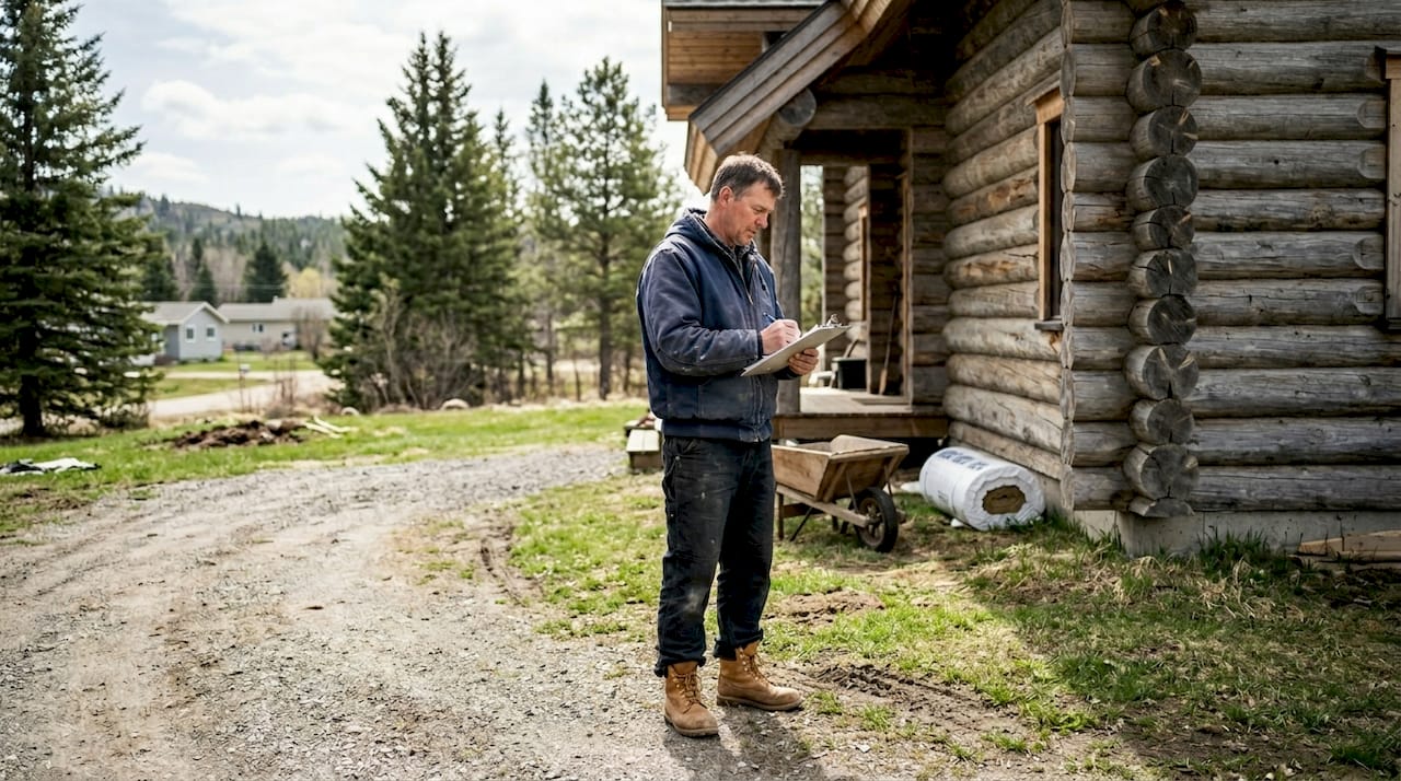 Builder inspecting Finnish log home exterior