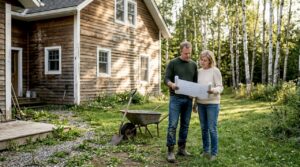 Par som planerar sitt drömhus och bastutomt