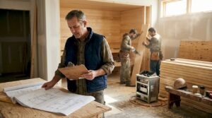 Der Projektleiter verschafft sich vor Ort einen Überblick über den aktuellen Stand beim Saunabau.