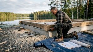 En håndverker er i gang med å bygge grunnmuren til en tømmerhytte i Finland.