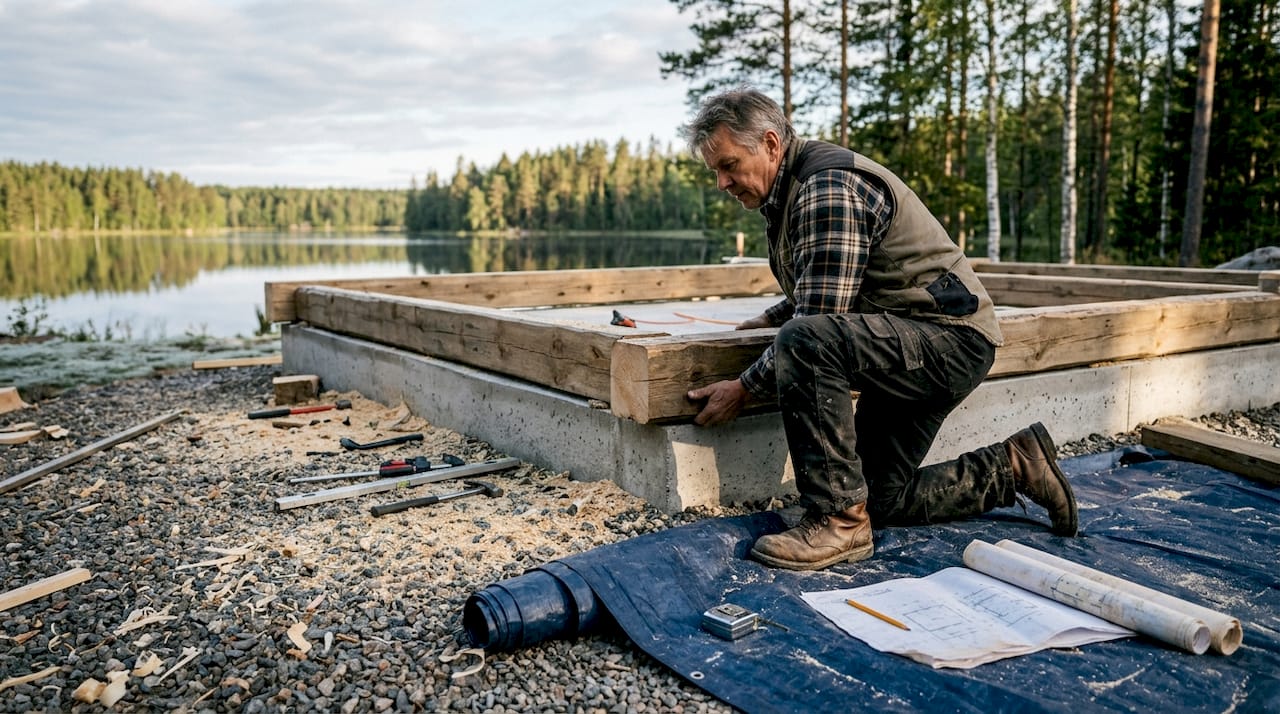 En håndverker er i gang med å bygge grunnmuren til en tømmerhytte i Finland.
