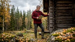 Contractor inspecting Finnish log cottage exterior
