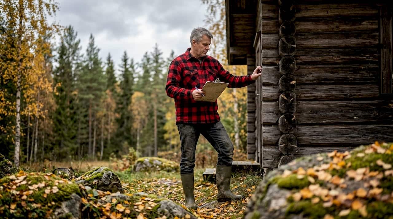 Contractor inspecting Finnish log cottage exterior