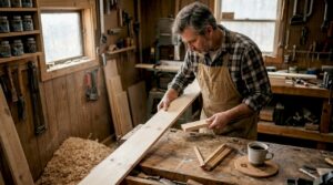 En snickare står och väljer ut virke till ett husbygge.