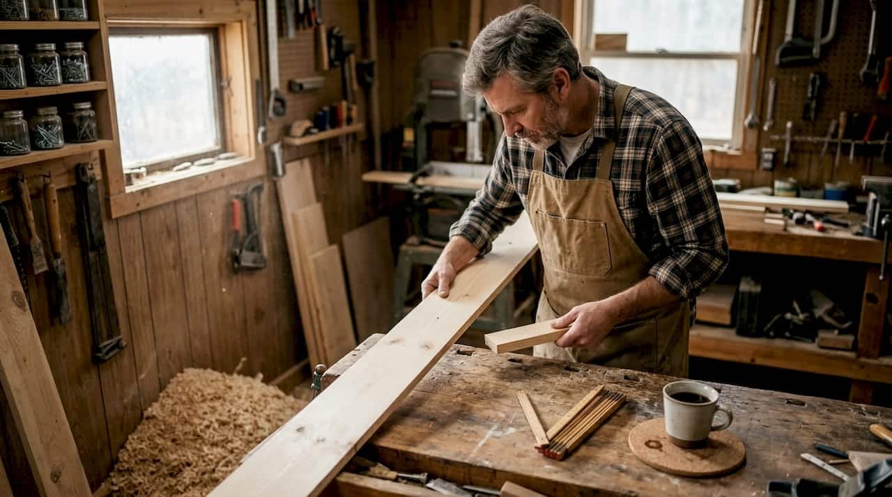 En snickare står och väljer ut virke till ett husbygge.