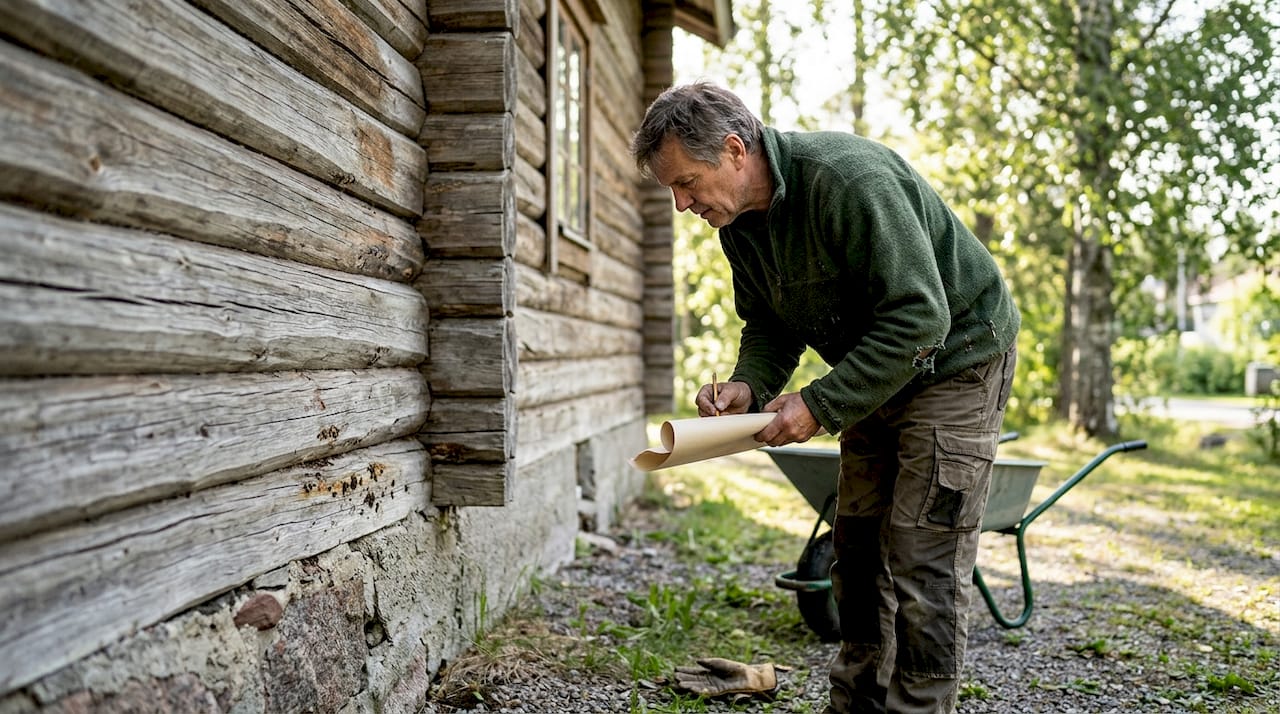 Eieren tar en grundig sjekk av grunnmuren på den finske tømmerhytta.