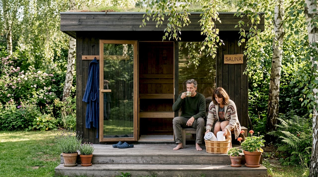 Ein Paar entspannt sich gemeinsam im Garten vor ihrem modernen Saunahaus.