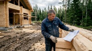 Builder inspecting log home construction outdoors