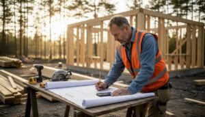 Entreprenøren går gjennom byggeplanene utenfor det nye trehuset.