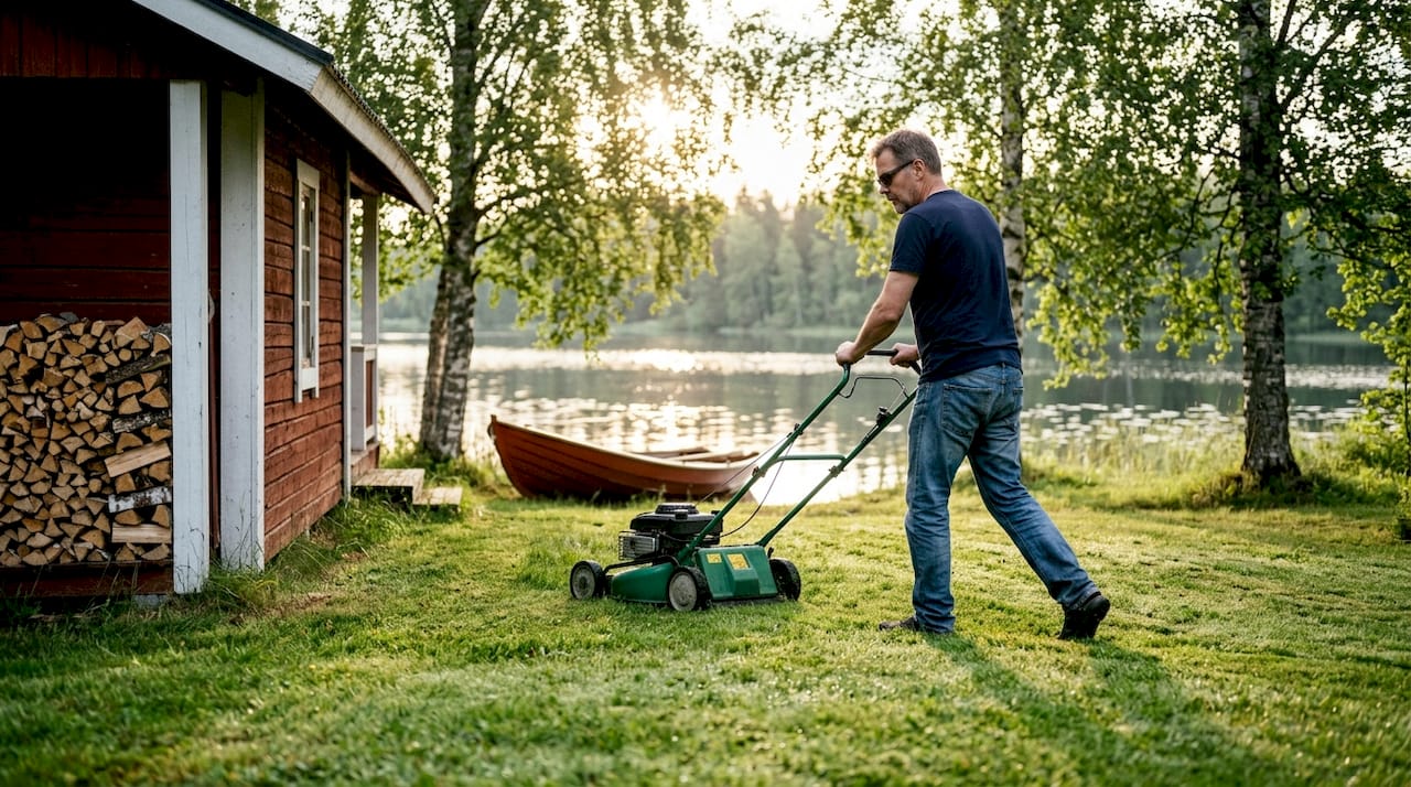Någon klipper gräset vid en finsk sommarstuga.