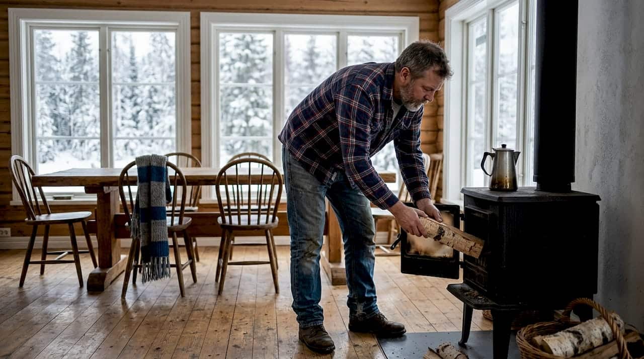 Jag lägger in ett par vedträn i kaminen och njuter av värmen som sprider sig i timmerstugan.