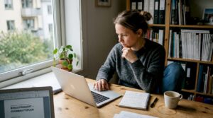 Kvinne sitter på hjemmekontoret og vurderer å søke byggelån