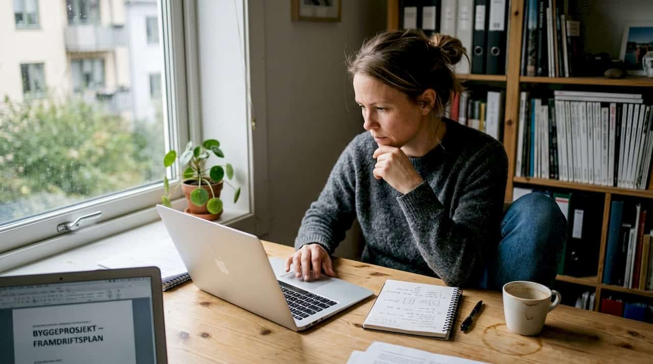 Kvinne sitter på hjemmekontoret og vurderer å søke byggelån