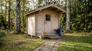 Traditional outdoor Finnish sauna nestled in birch trees